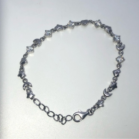 STERLING Silver Moon Stars Hearts & Clear / White Cz Stones Bracelet 6” - 7” - Picture 4 of 7